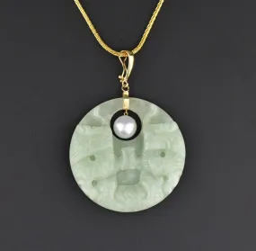 14K Gold Jade Jadeite Dragon Pearl Pendant Necklace