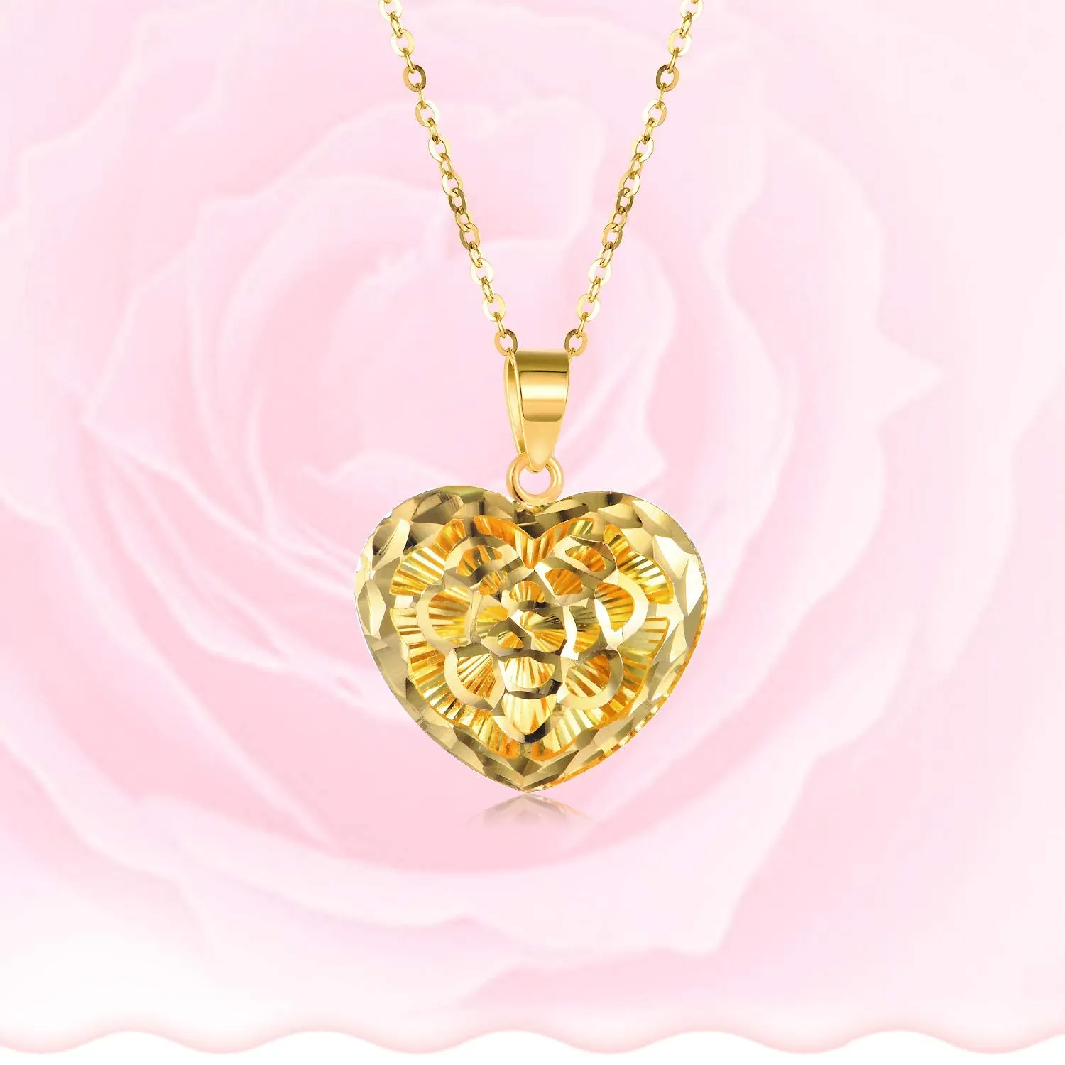 18K Gold Heart Necklace for Women, Yellow Gold Chain with Flower Heart Pendant