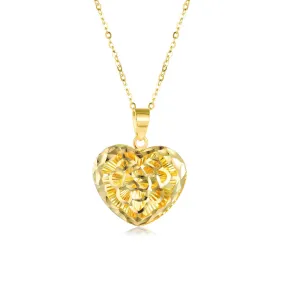 18K Gold Heart Necklace for Women, Yellow Gold Chain with Flower Heart Pendant