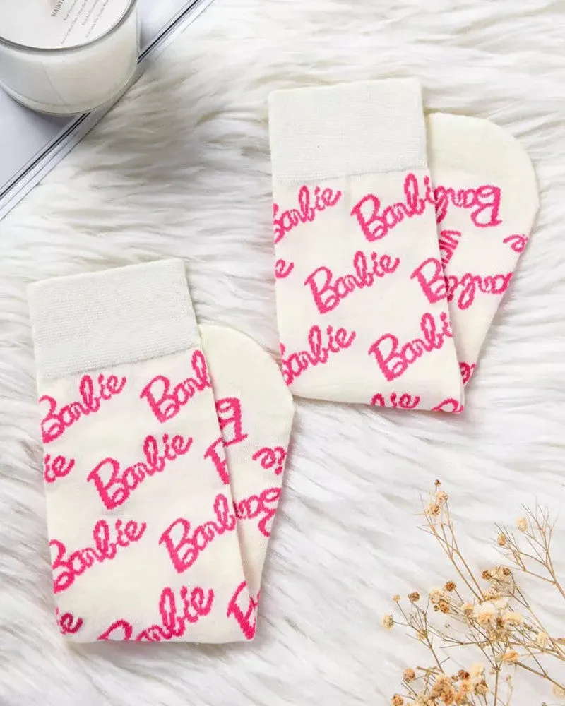 1Pair Cute Barbie Letter Print Crew Socks