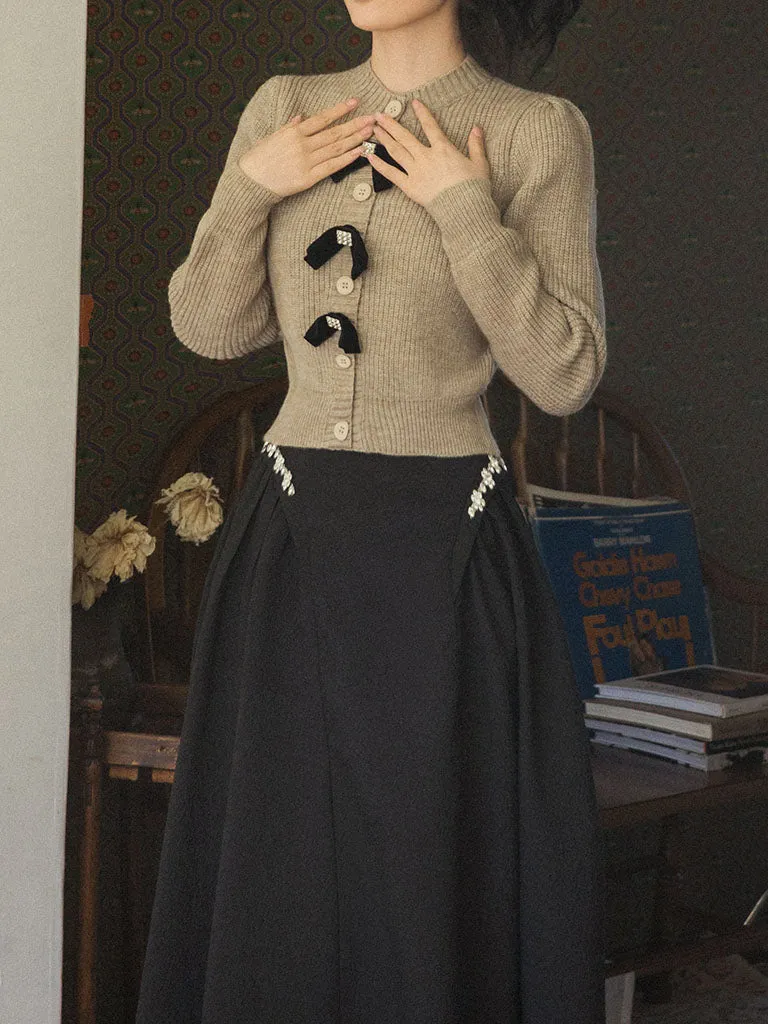 2PS Bowknot Sweater And Pleats With Glass Diamond Swing Skirt 1950S Hepburn Style Outfits