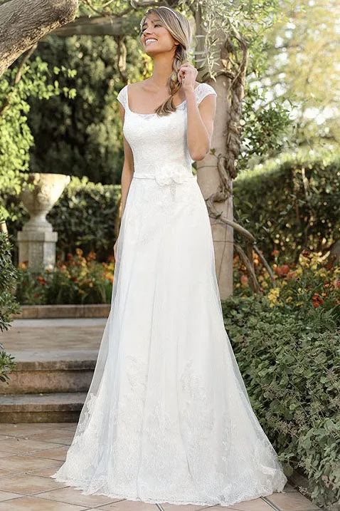 A-Line Cap-Sleeve Square-Neck Lace Wedding Dress-MK_702703