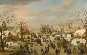 A Panoramic Winter Landscape with a Multitude of Figures on a Frozen River