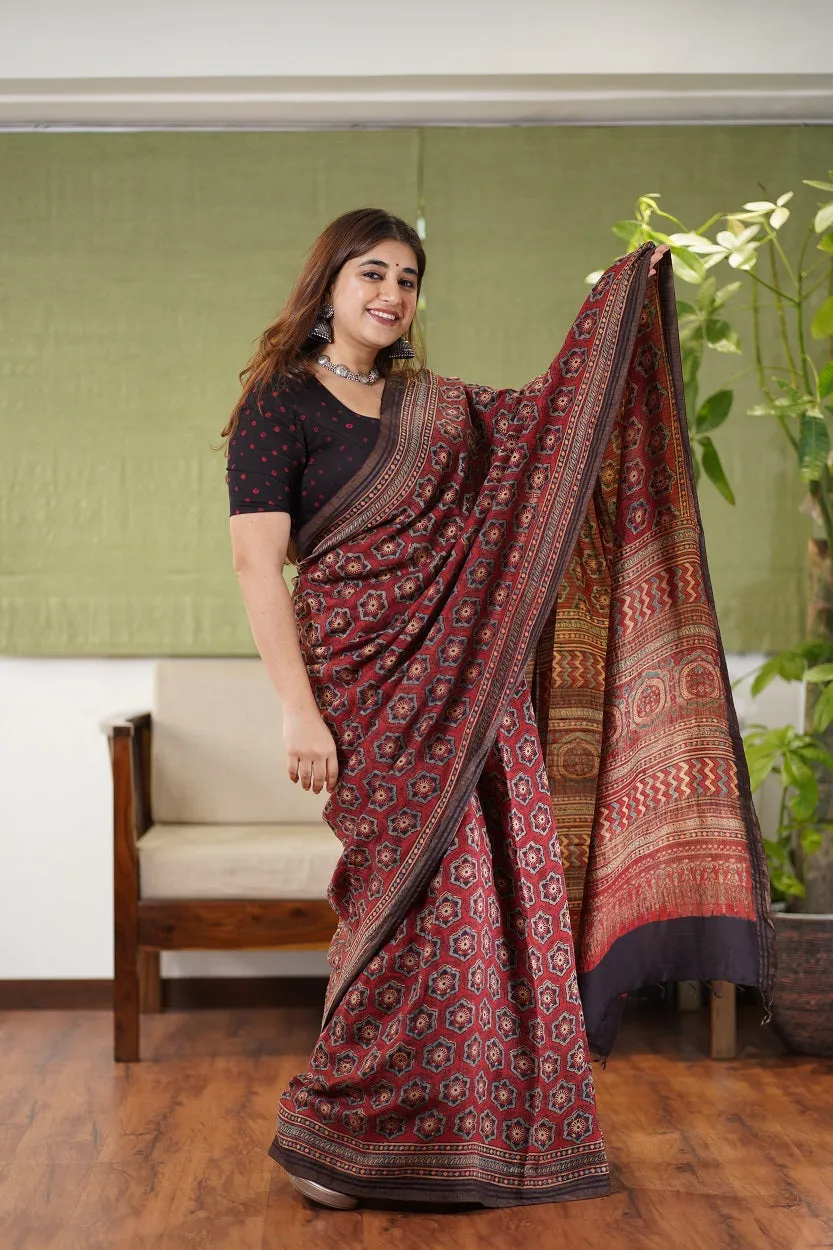 Ajrakh Hand Block Printed Eri Silk saree