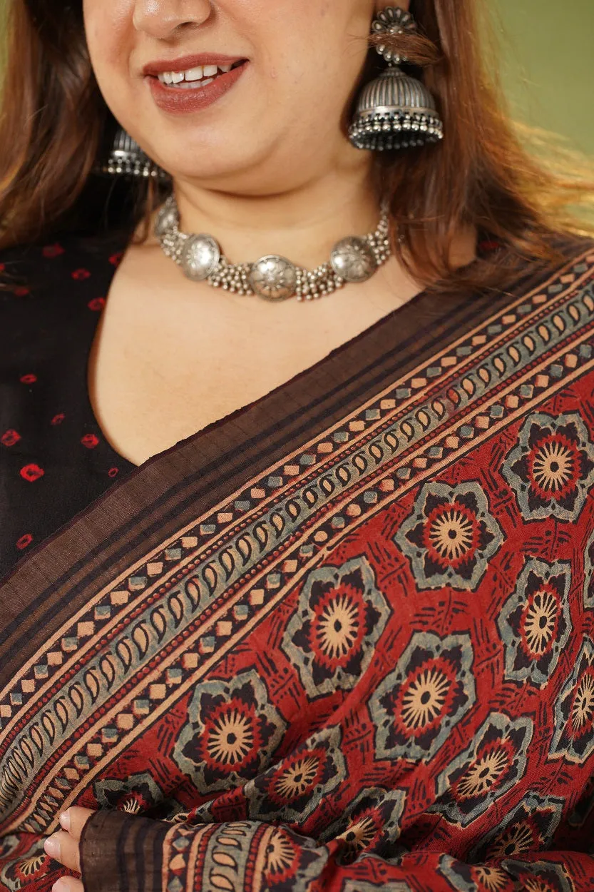 Ajrakh Hand Block Printed Eri Silk saree