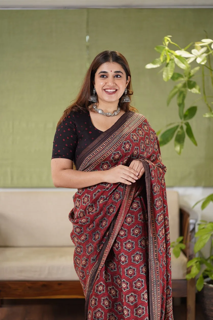 Ajrakh Hand Block Printed Eri Silk saree