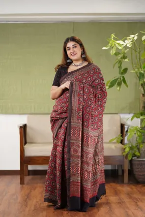 Ajrakh Hand Block Printed Eri Silk saree