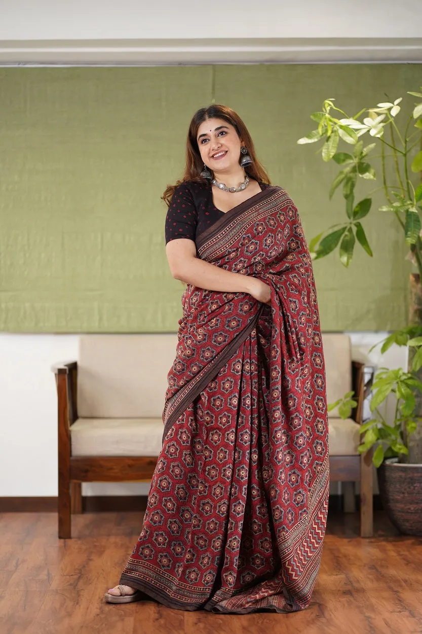 Ajrakh Hand Block Printed Eri Silk saree