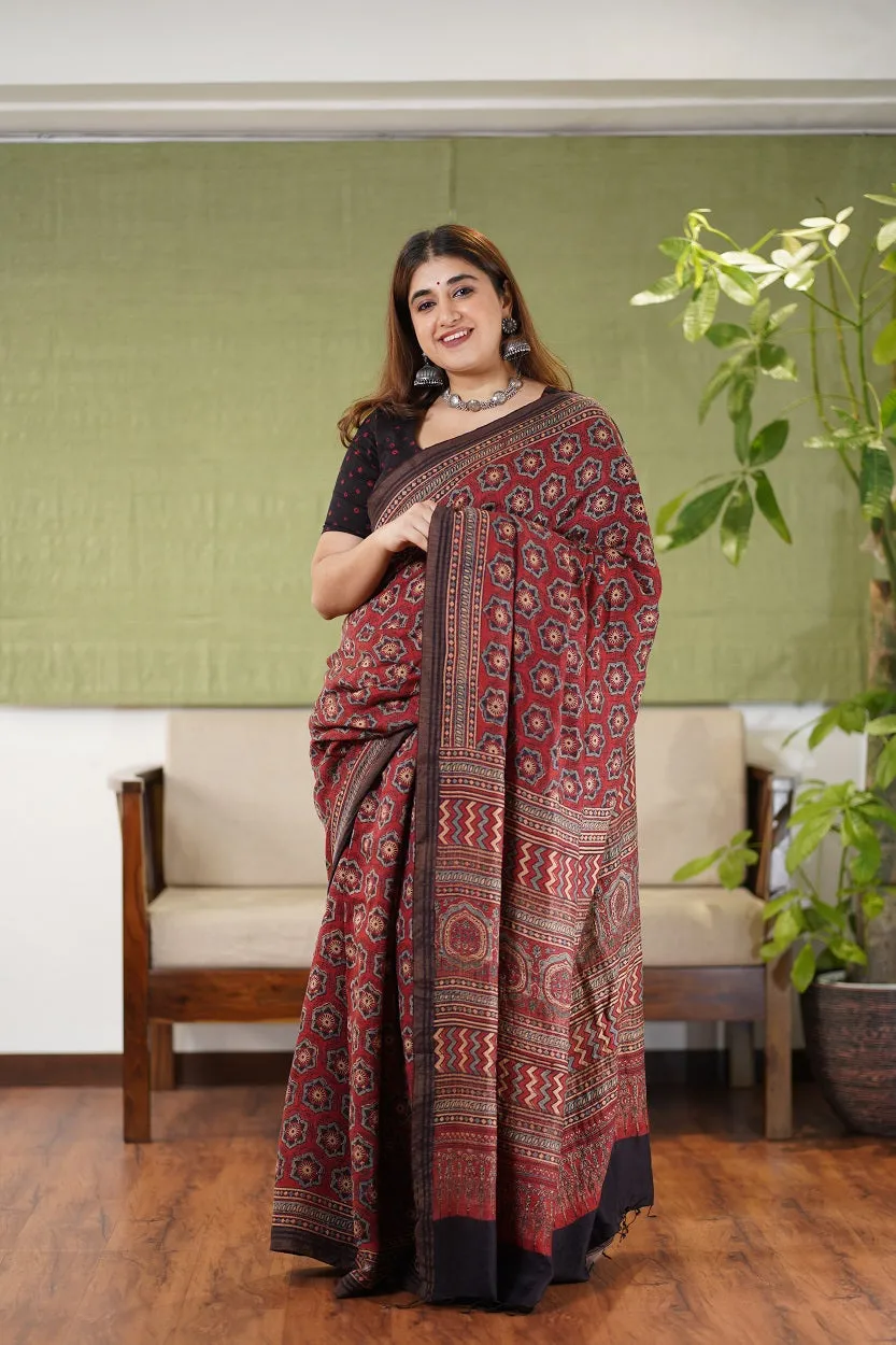 Ajrakh Hand Block Printed Eri Silk saree