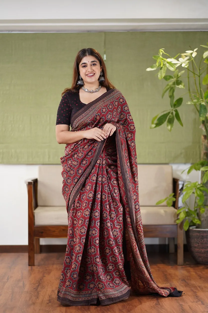 Ajrakh Hand Block Printed Eri Silk saree