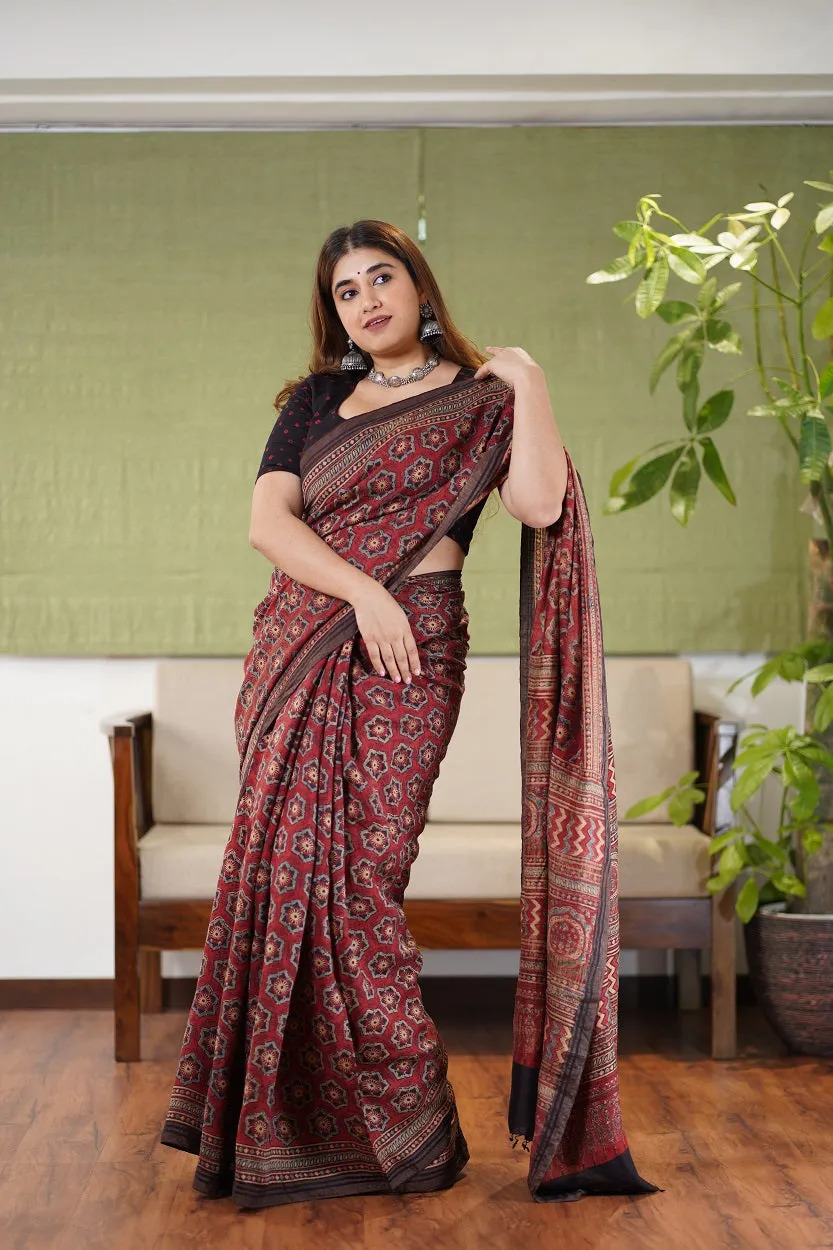 Ajrakh Hand Block Printed Eri Silk saree