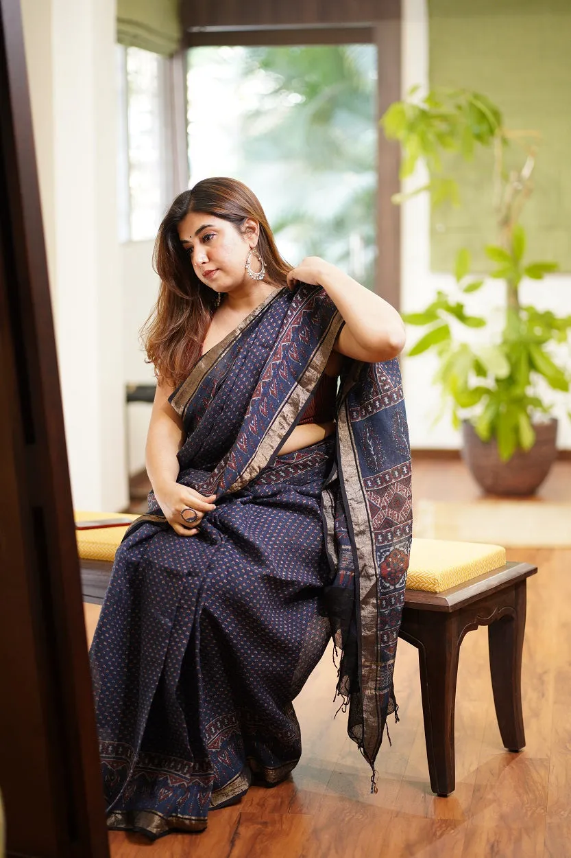 Ajrakh Hand Block Printed Linen Saree