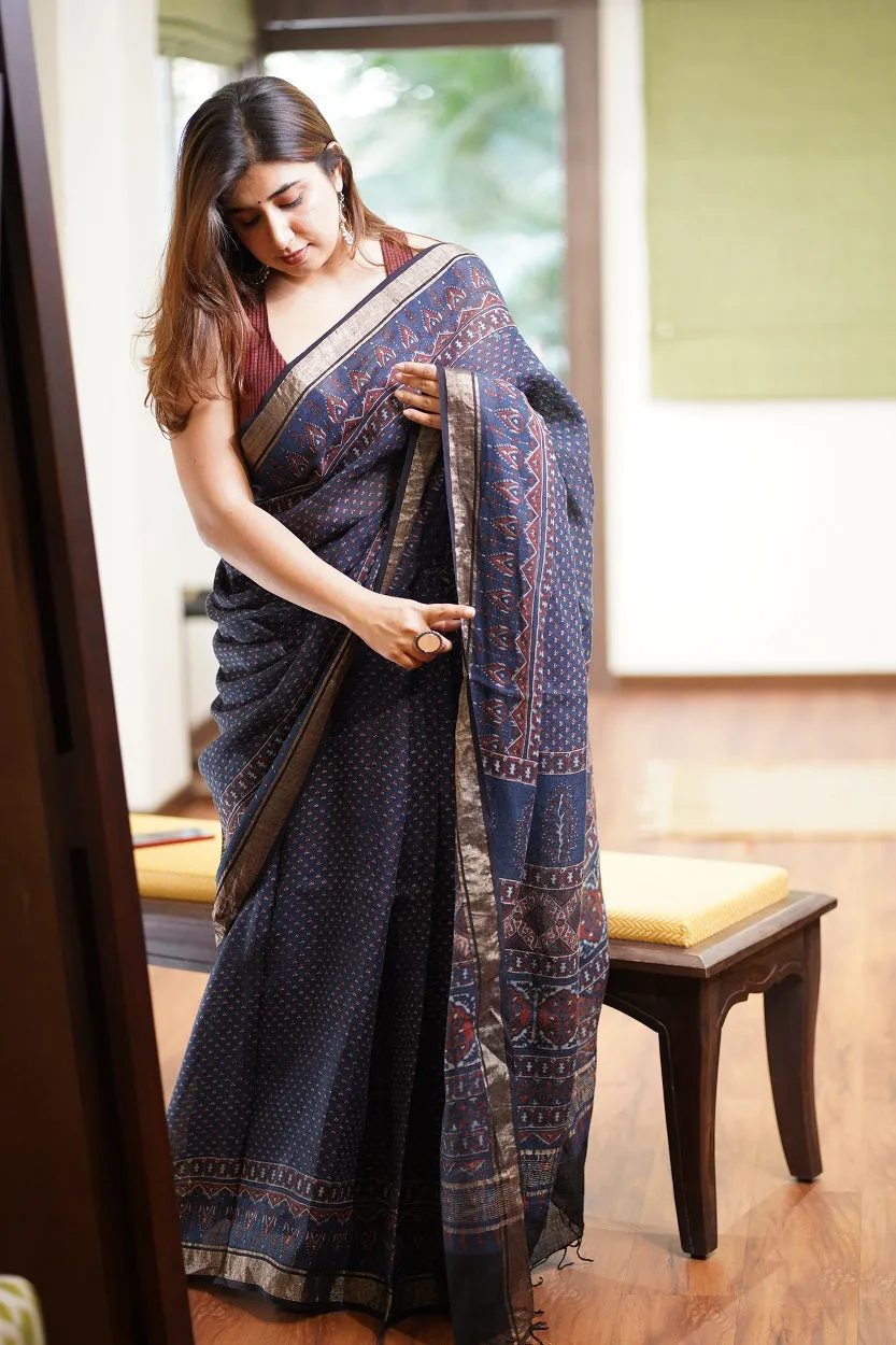 Ajrakh Hand Block Printed Linen Saree