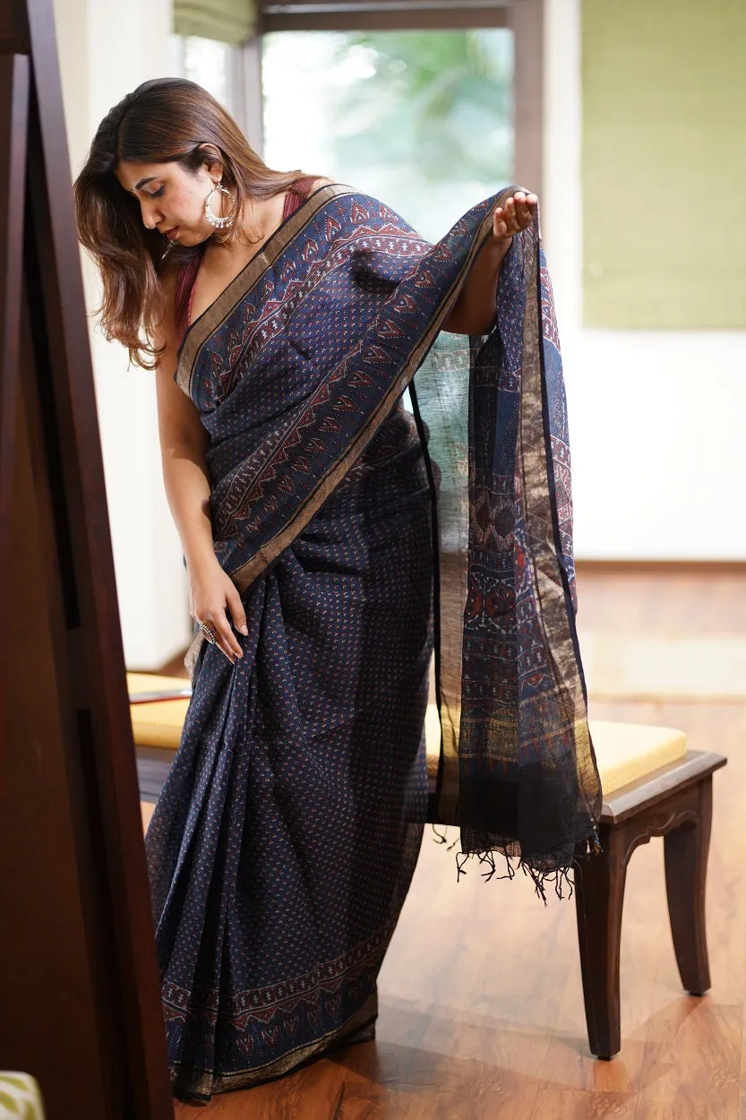 Ajrakh Hand Block Printed Linen Saree