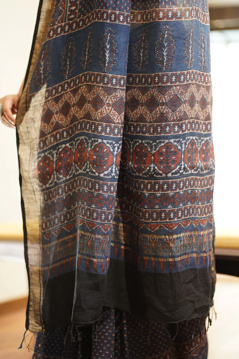 Ajrakh Hand Block Printed Linen Saree