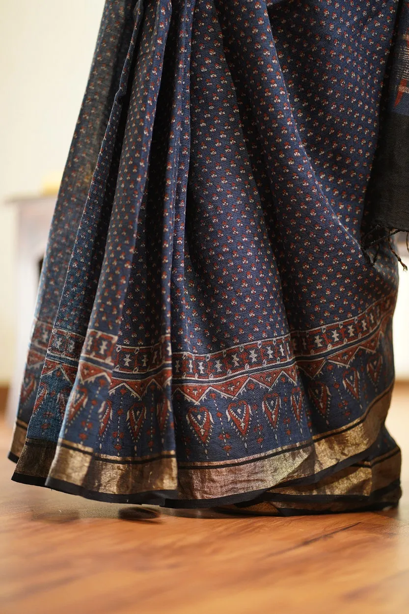 Ajrakh Hand Block Printed Linen Saree