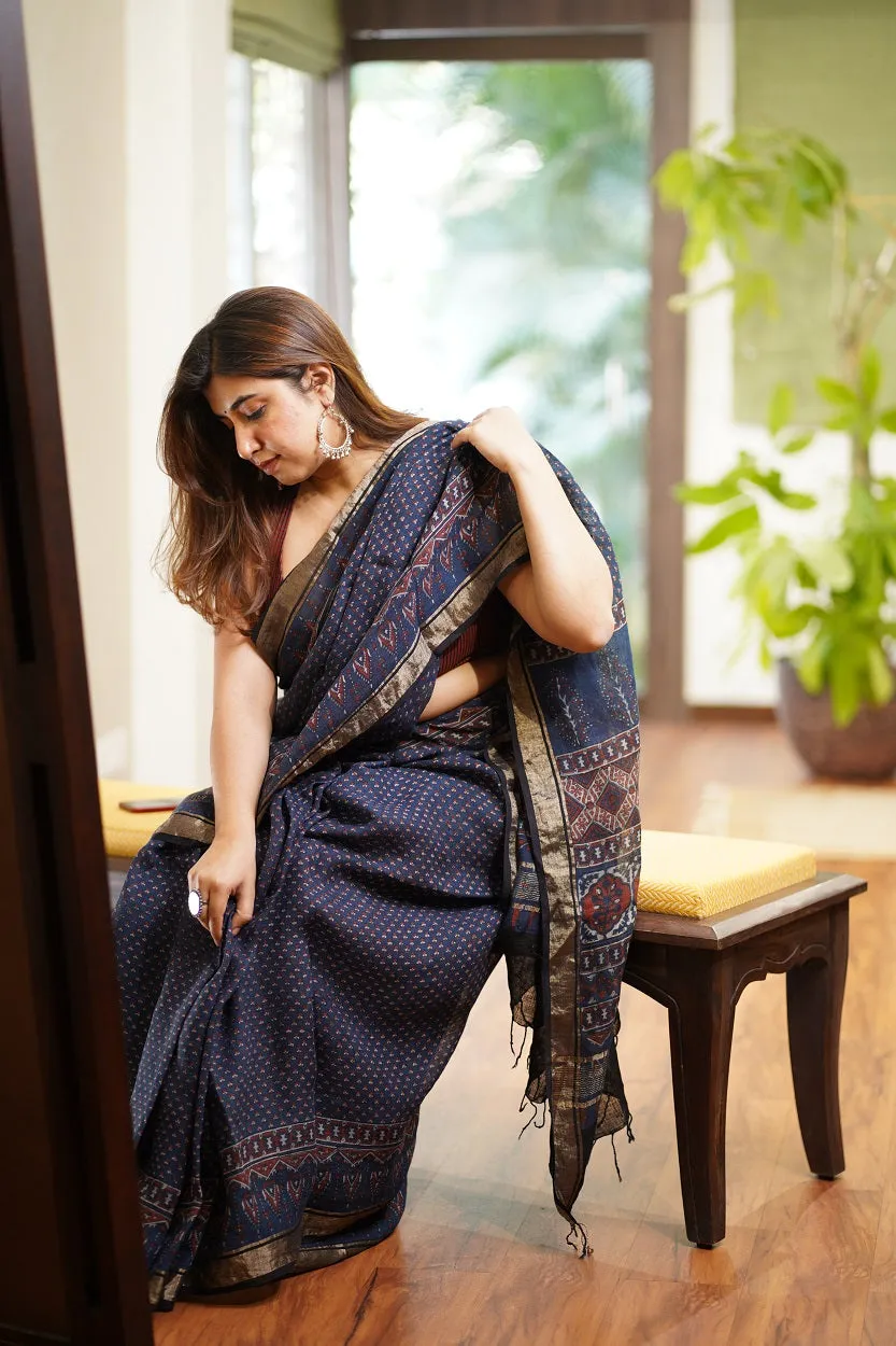 Ajrakh Hand Block Printed Linen Saree