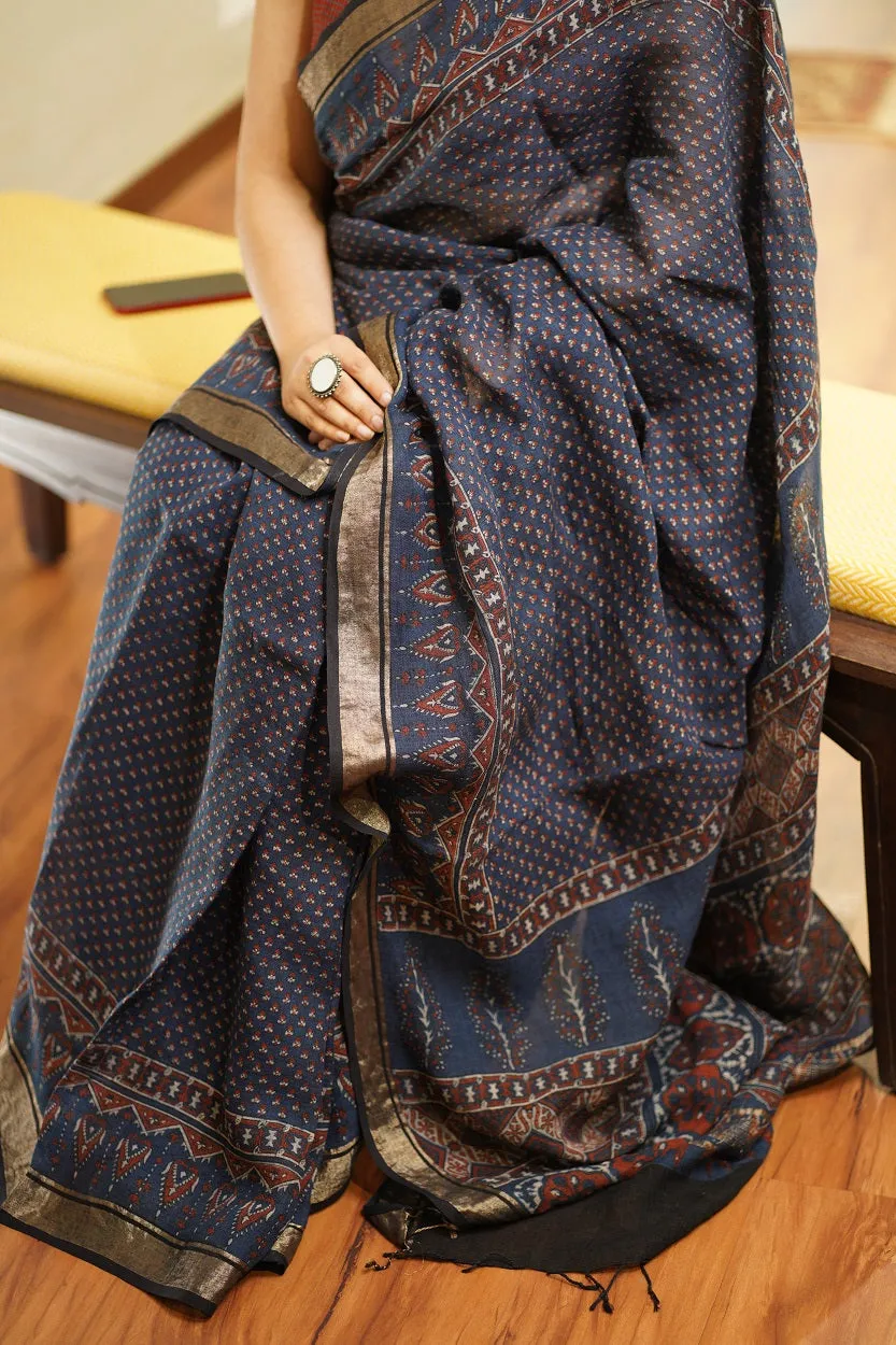 Ajrakh Hand Block Printed Linen Saree