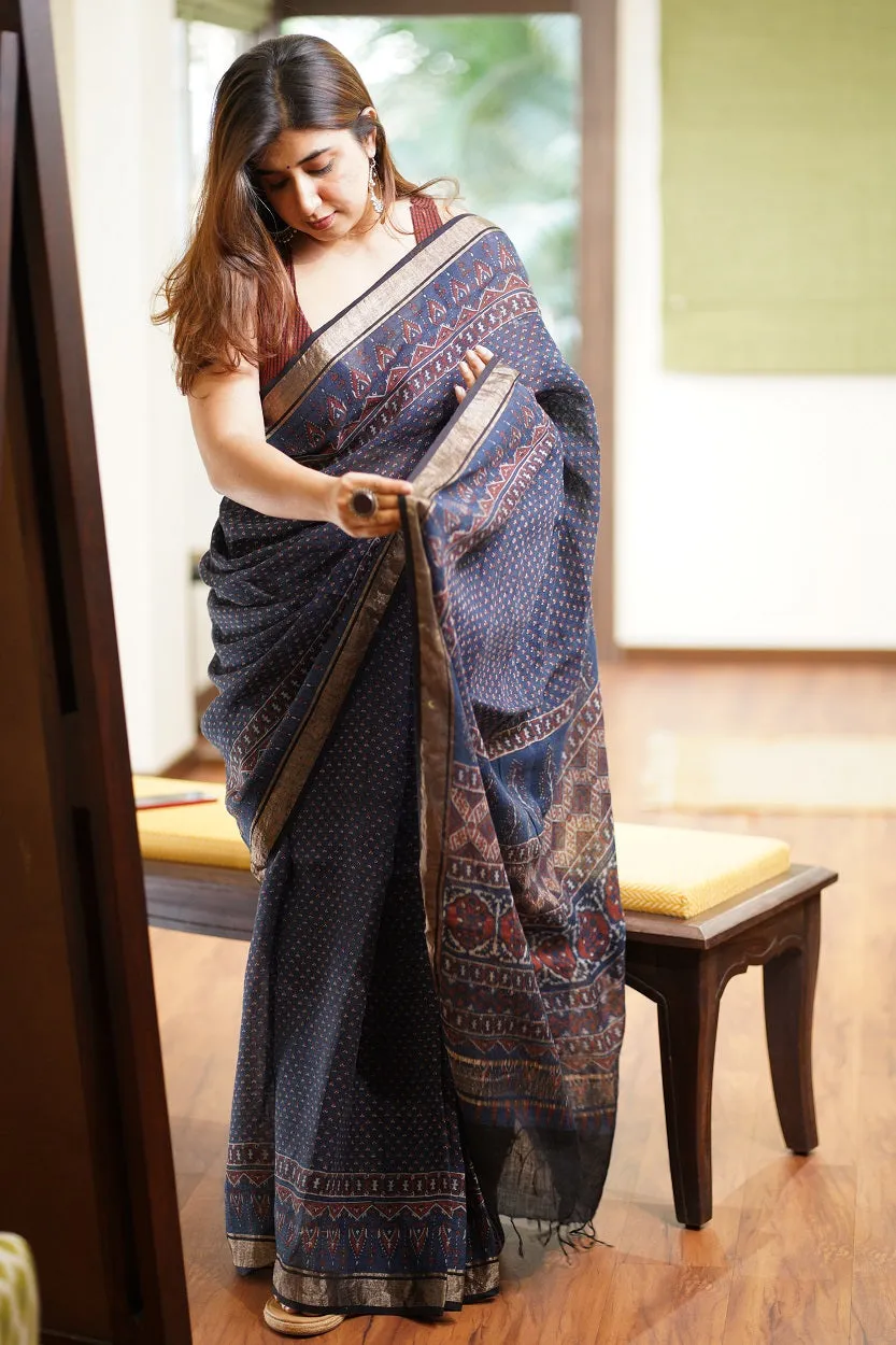 Ajrakh Hand Block Printed Linen Saree