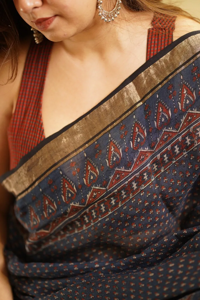 Ajrakh Hand Block Printed Linen Saree