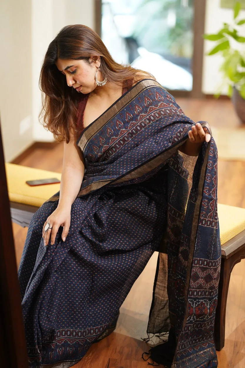 Ajrakh Hand Block Printed Linen Saree