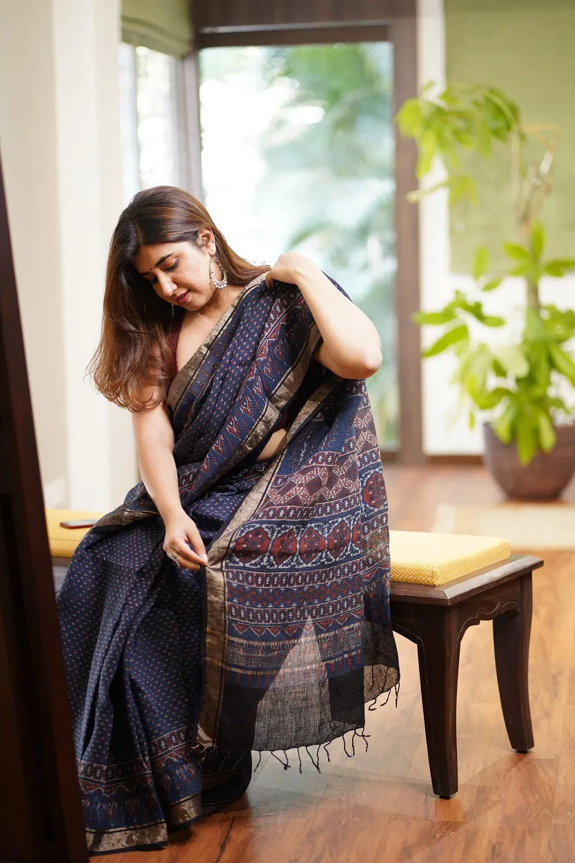 Ajrakh Hand Block Printed Linen Saree