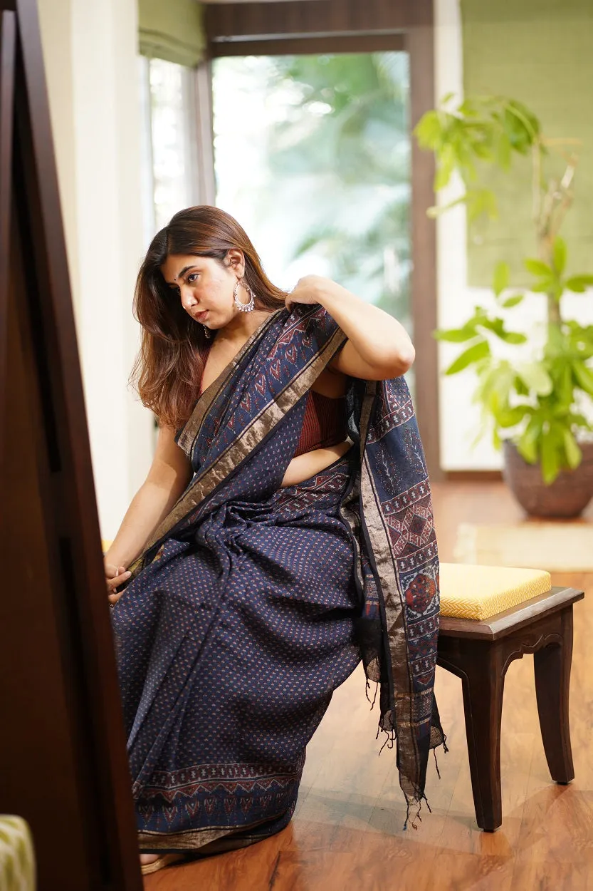 Ajrakh Hand Block Printed Linen Saree