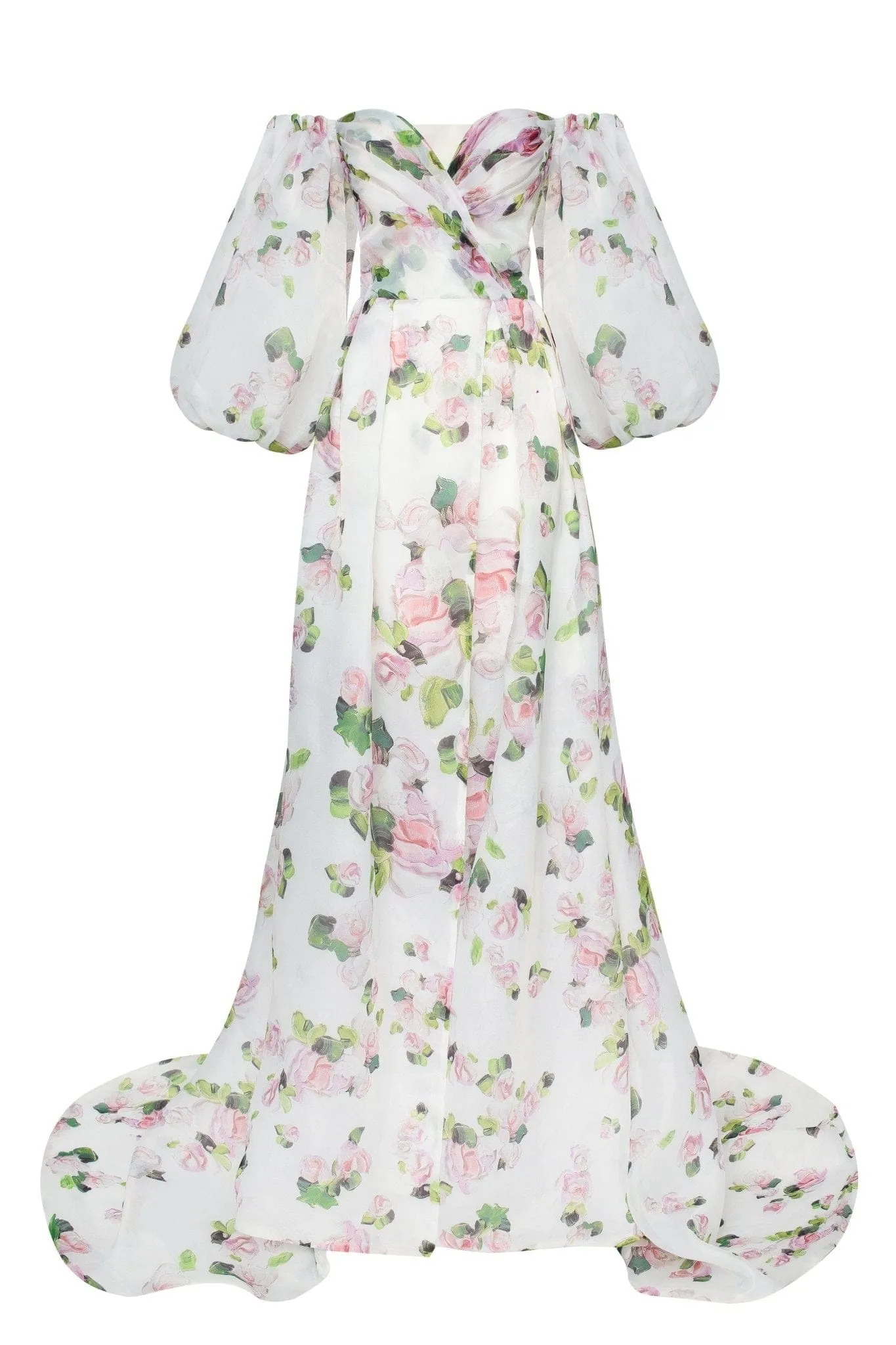 Apple Blossom Elegant floral puff sleeve maxi dress