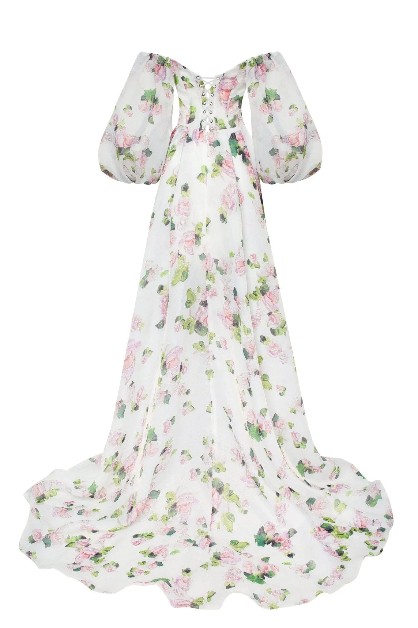 Apple Blossom Elegant floral puff sleeve maxi dress