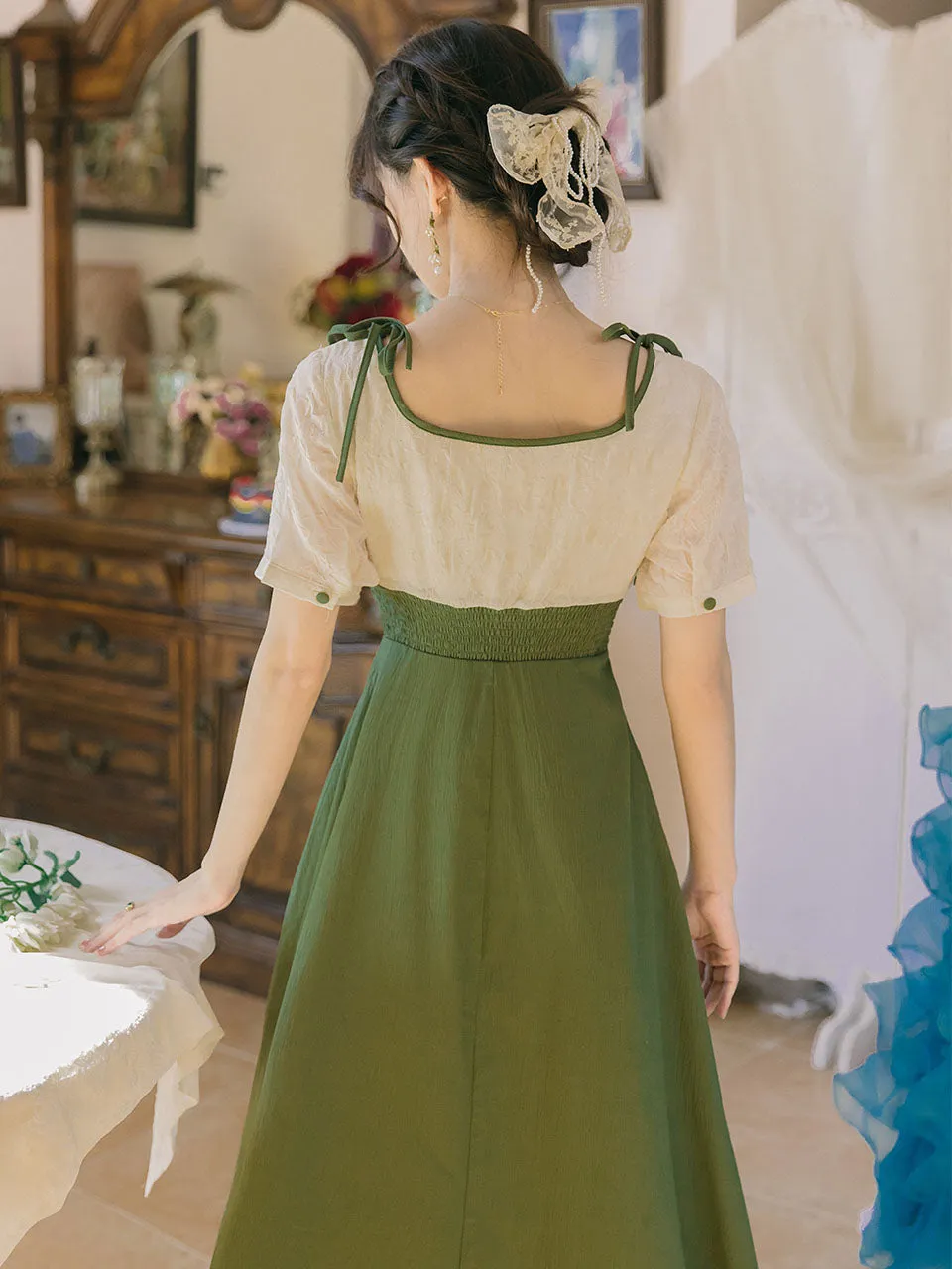 Apricot And Green Square Neck Short Sleeve Vintage 1950S Dress With Shawl