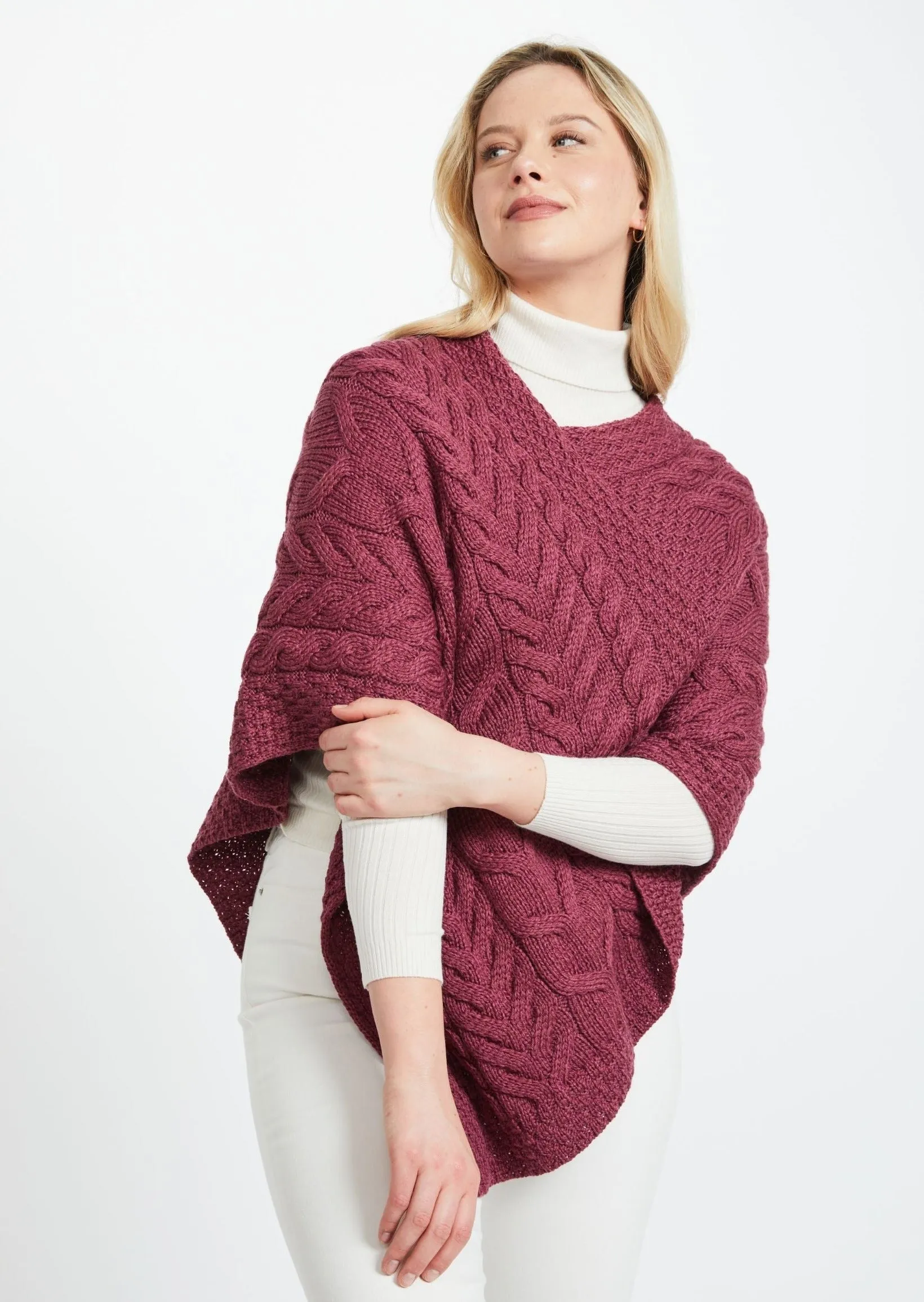 Aran Super Soft Poncho | Raspberry