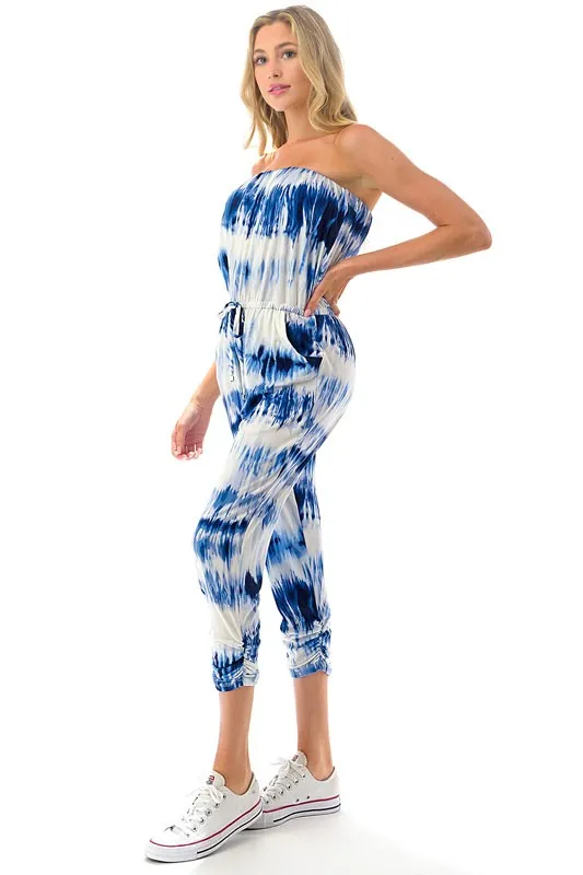 Ariella Jogger Leg Tube Jumpsuit w/ Pockets - Blue