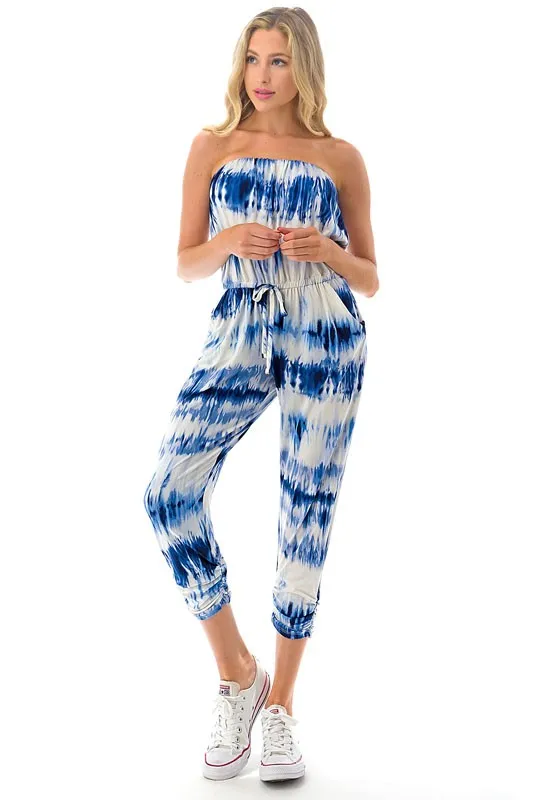 Ariella Jogger Leg Tube Jumpsuit w/ Pockets - Blue