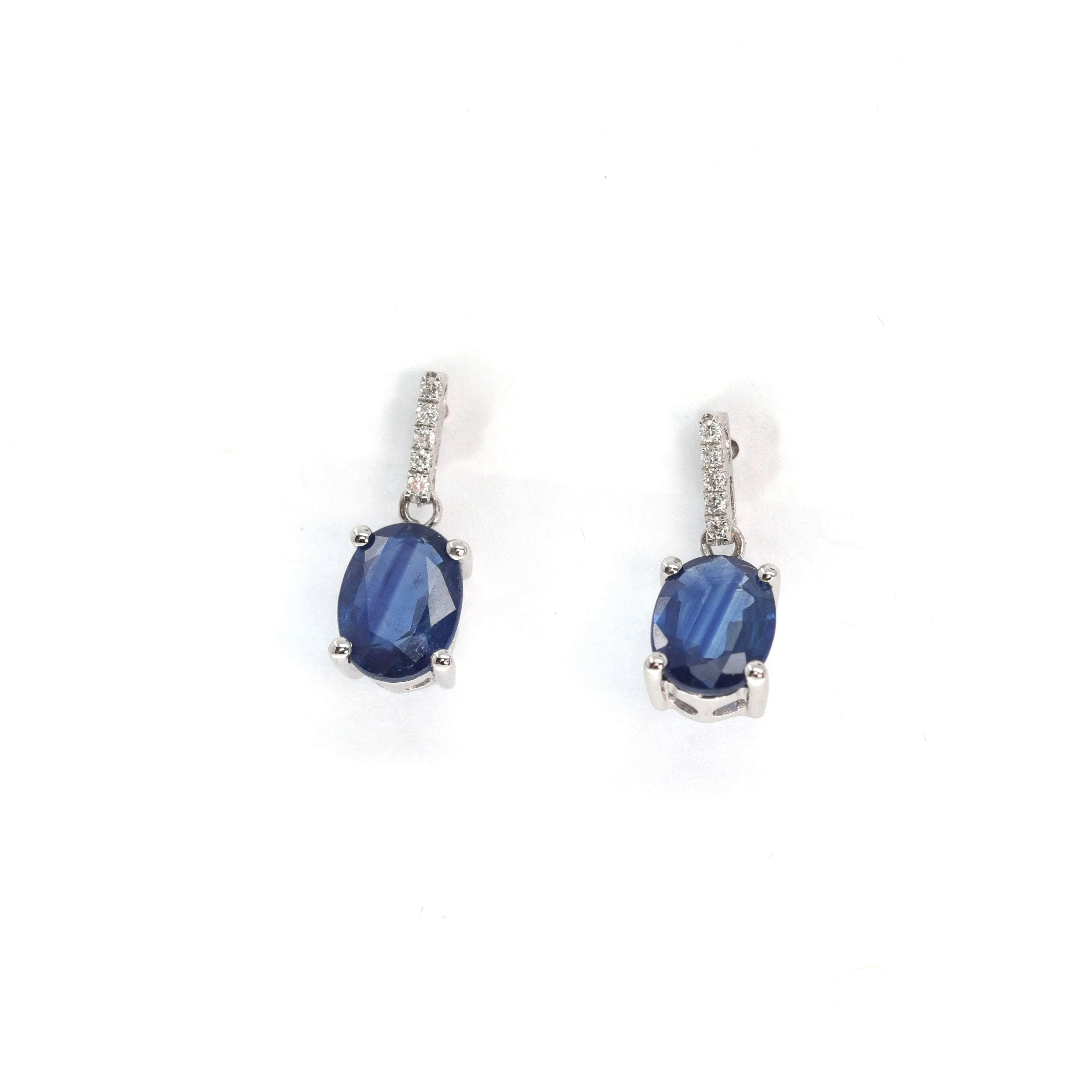 Baikalla? 14k Classic White Gold Natural AA sapphire Oval Dangle Earrings w/Diamond Halo