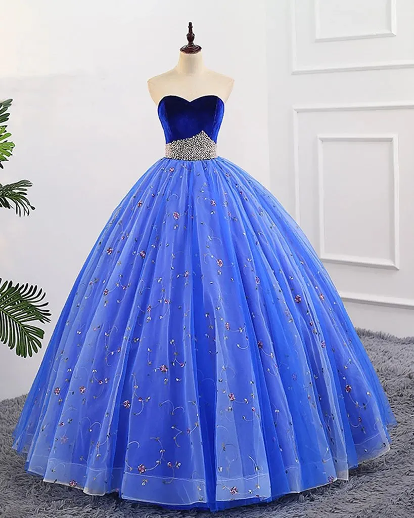 Ball Gown Sweetheart Strapless Blue Prom Dresses with Beading, Tulle Quinceanera Dresses STK15073