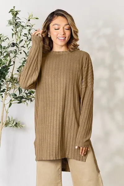 Basic Bae Full Size Ribbed Round Neck Long Sleeve Slit Top