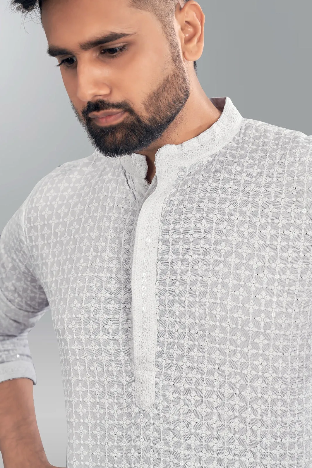 Beautiful Mens Chikankari Long White Kurta