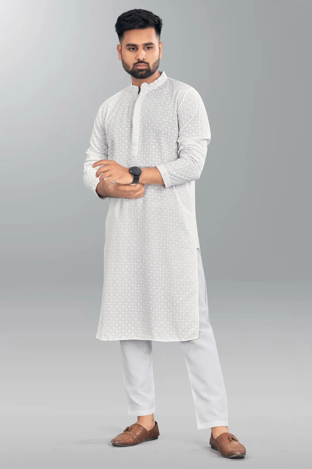 Beautiful Mens Chikankari Long White Kurta