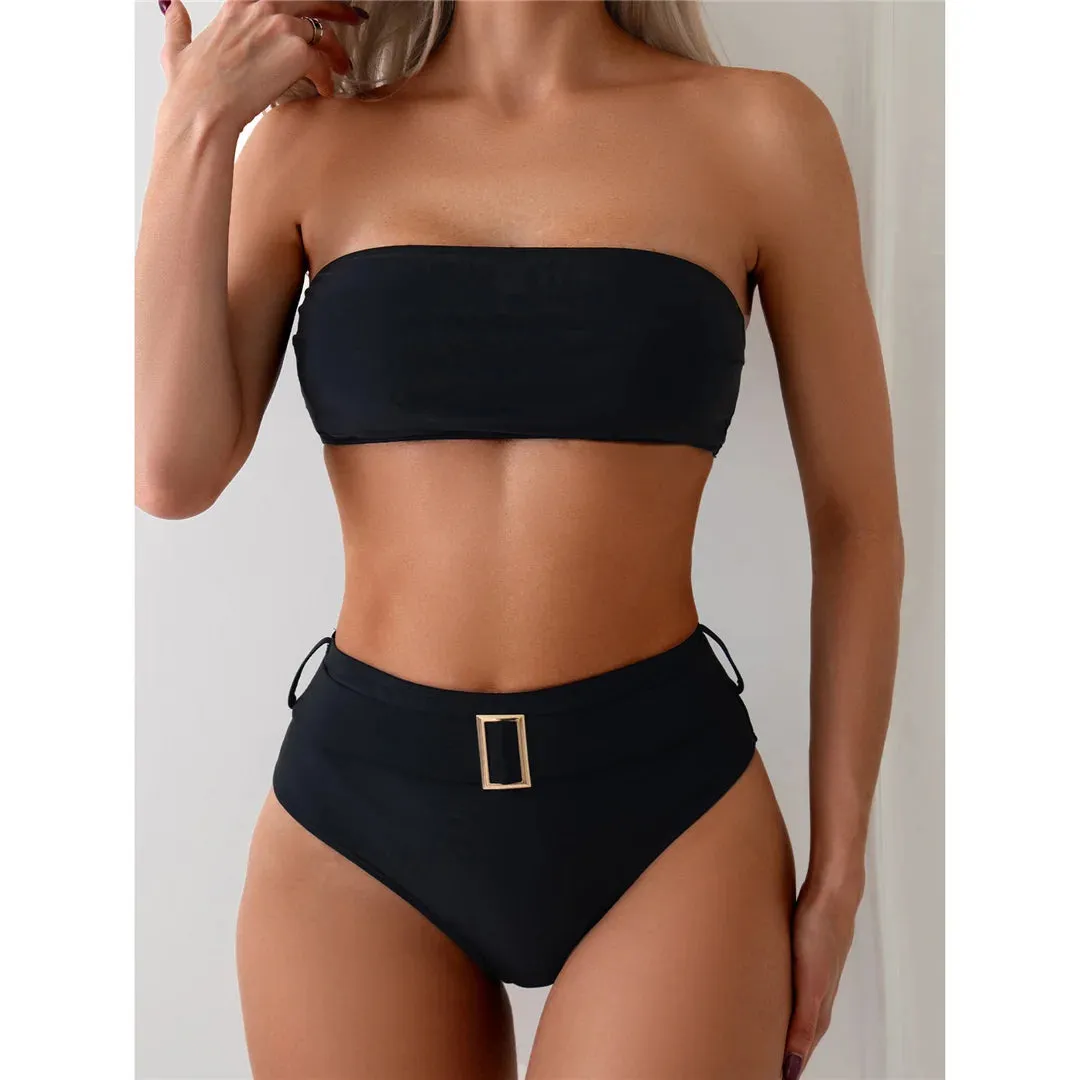 Belted Elegance Midnight Bandeau Bikini Set