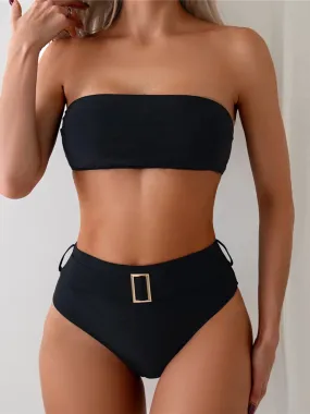 Belted Elegance Midnight Bandeau Bikini Set