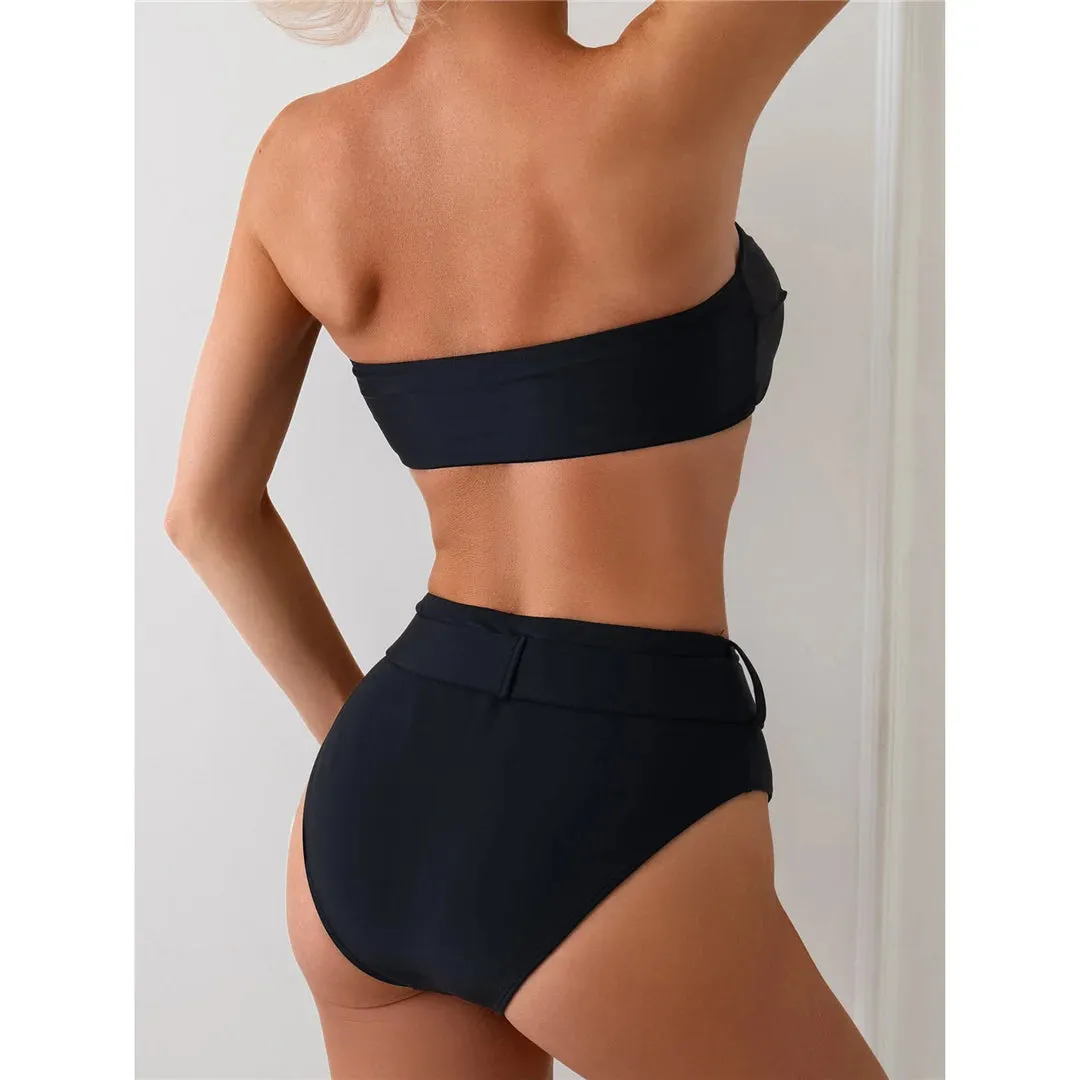 Belted Elegance Midnight Bandeau Bikini Set