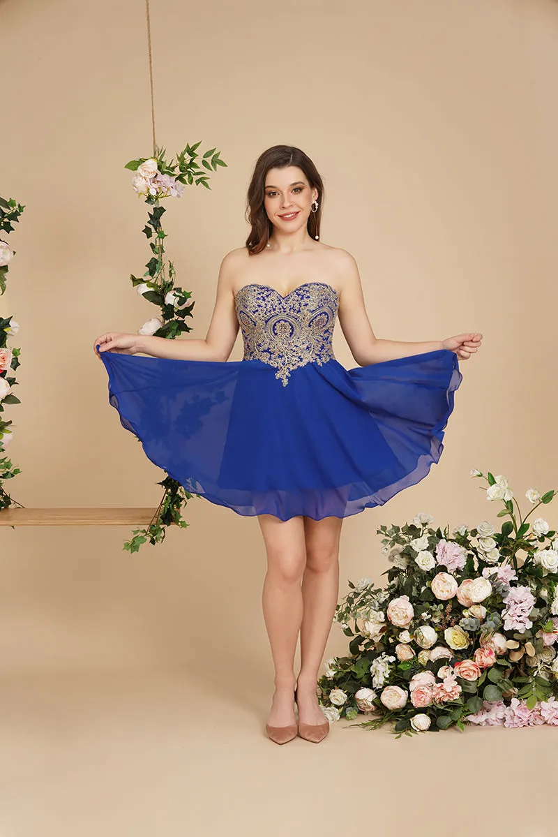 Biztunnel A-Line Strapless Short Chiffon Prom Dresses with Beadings