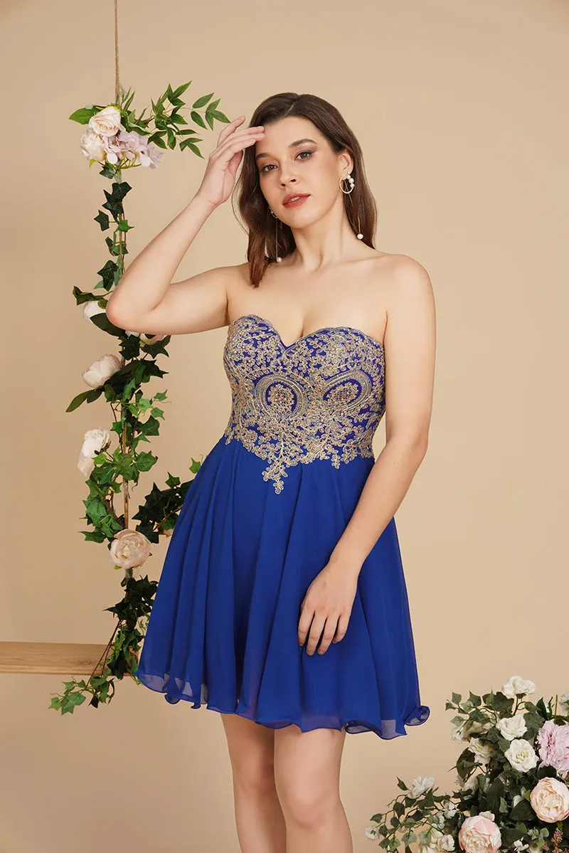 Biztunnel A-Line Strapless Short Chiffon Prom Dresses with Beadings