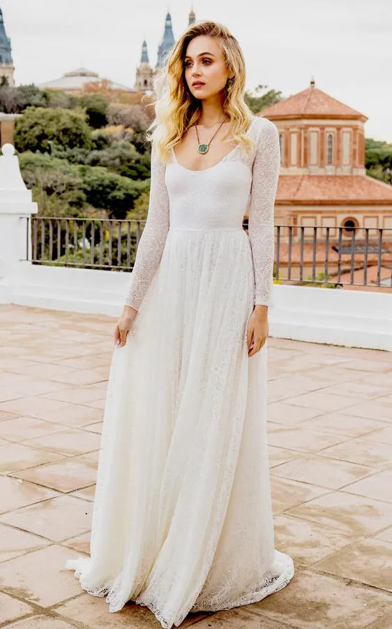 Bohemian A Line Lace Long Sleeve Scoop Floor-length Wedding Dress with Keyhole and Sweep Train-715923