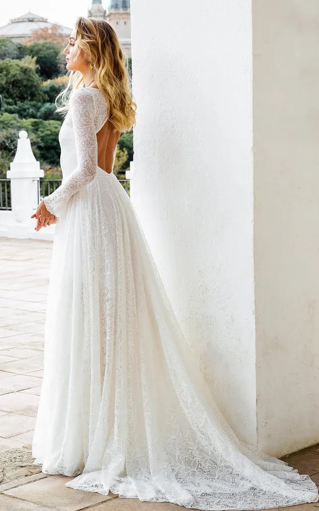 Bohemian A Line Lace Long Sleeve Scoop Floor-length Wedding Dress with Keyhole and Sweep Train-715923