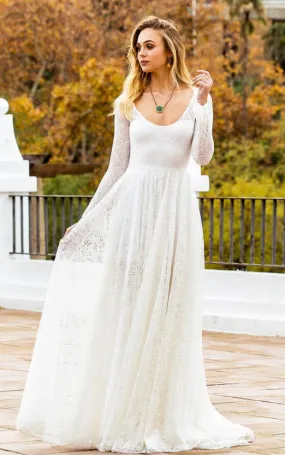 Bohemian A Line Lace Long Sleeve Scoop Floor-length Wedding Dress with Keyhole and Sweep Train-715923