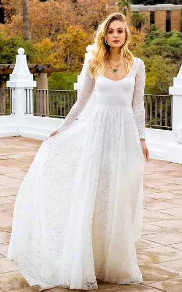 Bohemian A Line Lace Long Sleeve Scoop Floor-length Wedding Dress with Keyhole and Sweep Train-715923