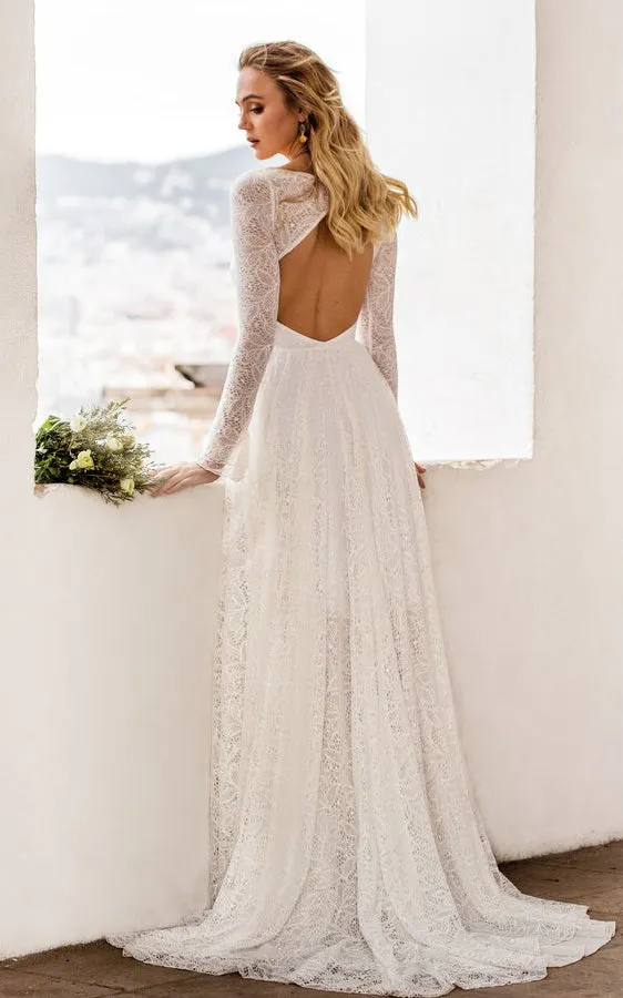 Bohemian A Line Lace Long Sleeve Scoop Floor-length Wedding Dress with Keyhole and Sweep Train-715923