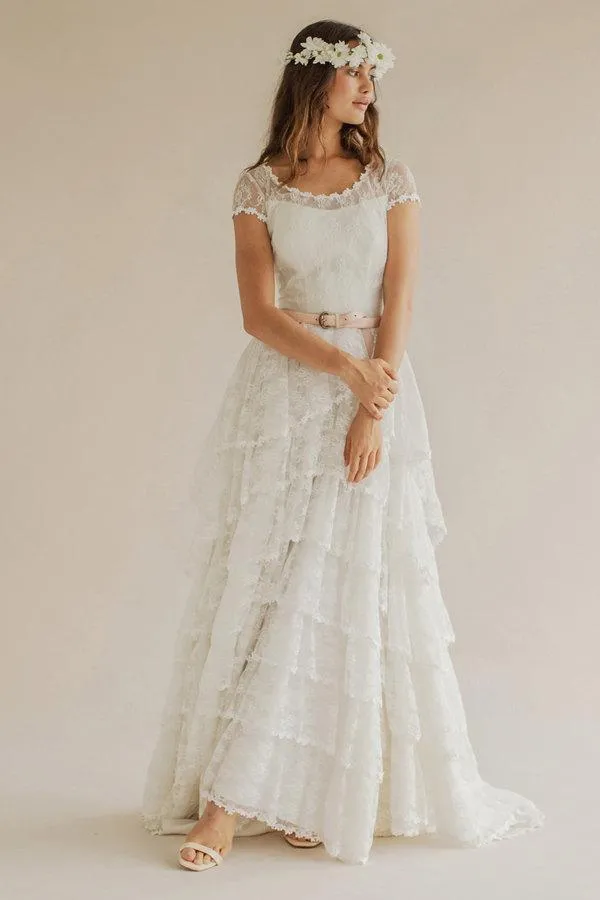 Boho Scoop Neck Cap Sleeve A-Line Tiered Weding Dress With Court Train - ET_711533