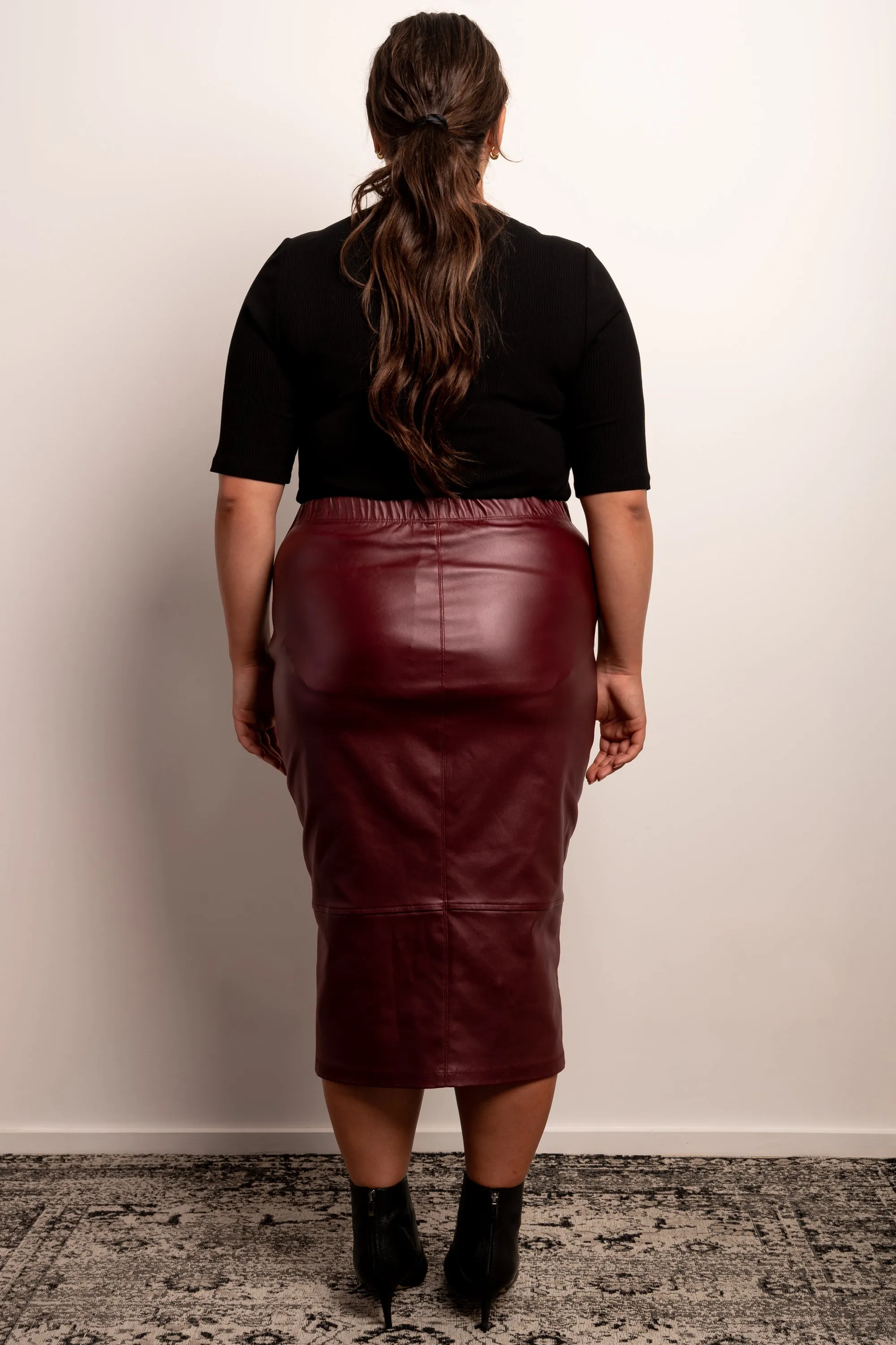 Born To Be Wild Leather Look Midi Skirt - Bordeaux - LAST ONES - XS (12/14) & S (14/16)